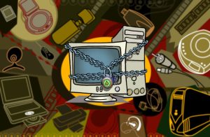 Cartoon Graphic of Computer locked in chains