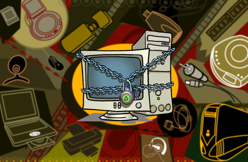 Cartoon Graphic of Computer locked in chains